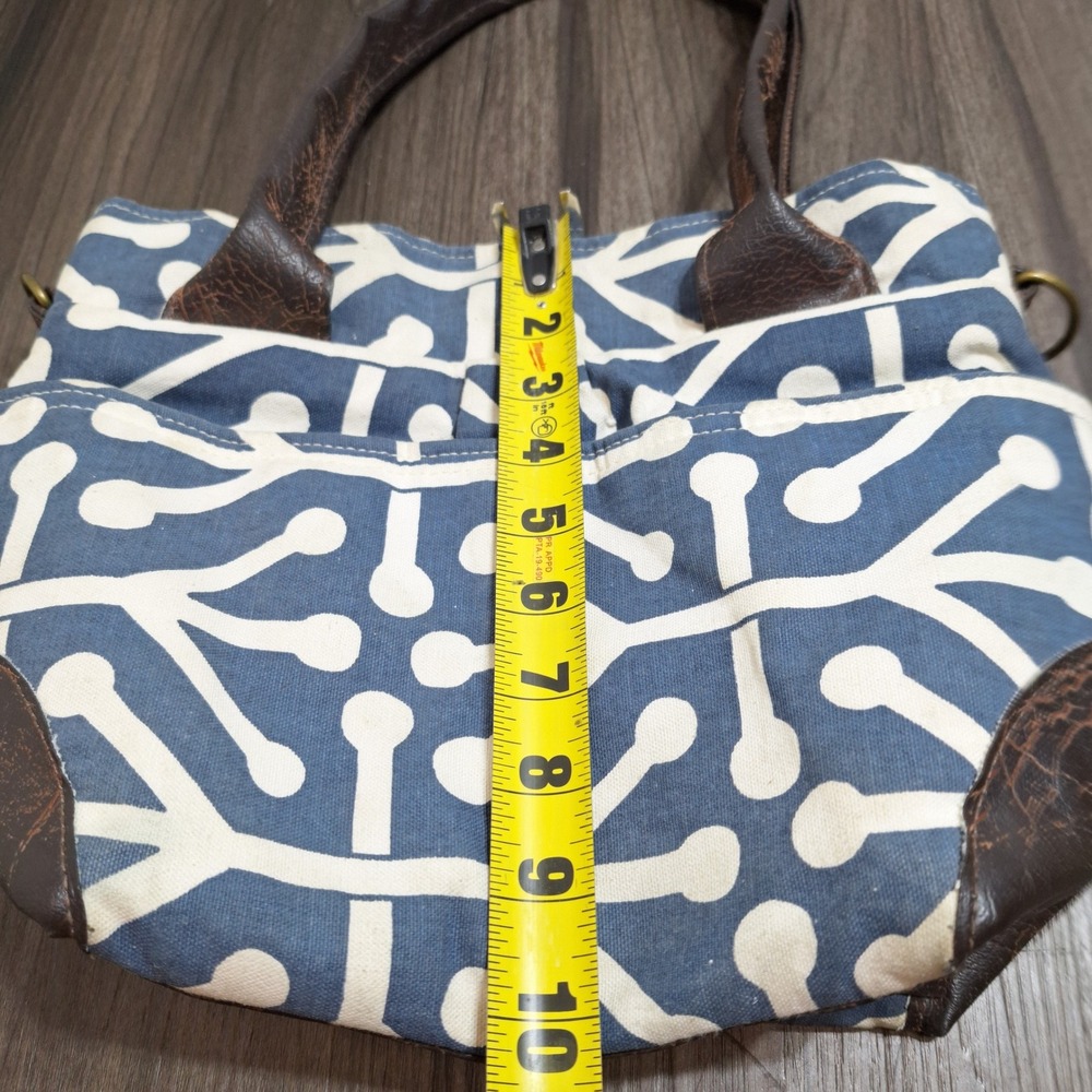 Rebekah Scott Designs Blue White Geometric Canvas Tote Bag Brown Faux Leather - Picture 8 of 9